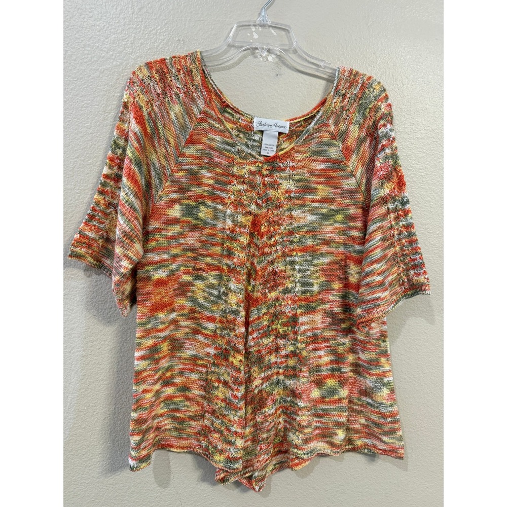 Fashion Avenue Womens XL Space Dye Short Sleeve Knit Sweater Multi Color Scoop